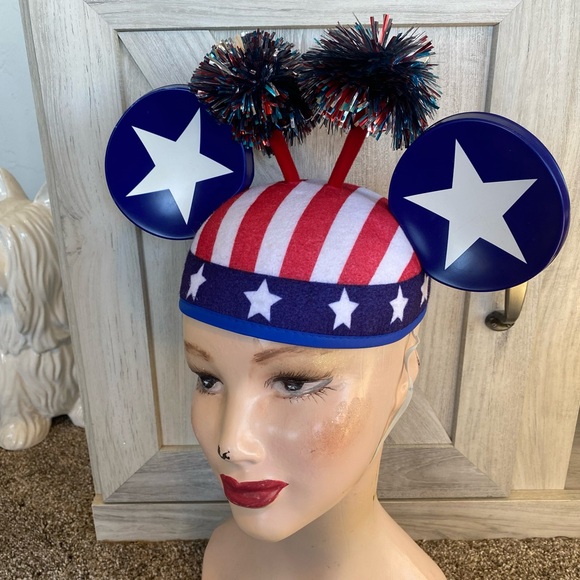 Disney Mickey Mouse Red White & Blue Ears Pom Poms Elastic Strap 4th of July - Picture 4 of 10